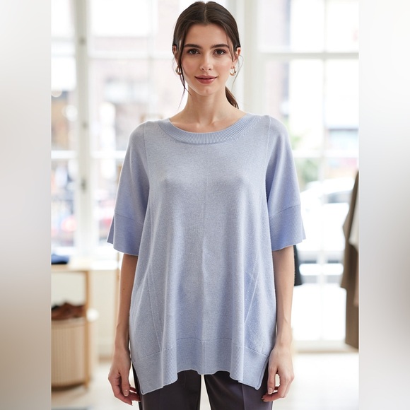 Lafayette 148 New York Tops - NWT Lafayette 148 New York Blue Cotton Knit Short Sleeve Sweater XS